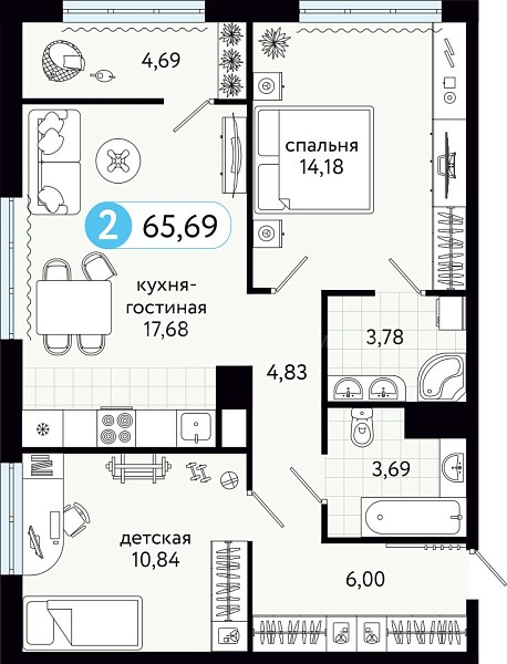 2-к квартира в новостройке, 65 кв.м., улица Сергея Джанбровского, 25