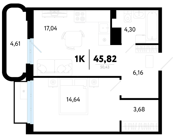 1-к квартира в новостройке, 45 кв.м., Калининский, ул Василия Малкова, 32