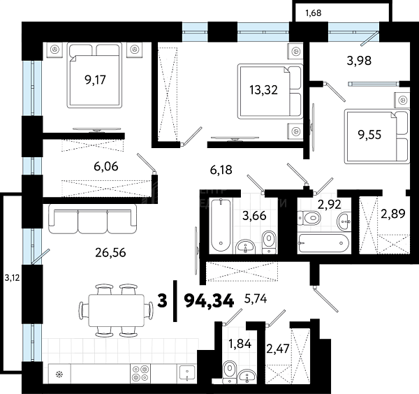 3-к квартира в новостройке, 94 кв.м., ул Бирюзова, 8