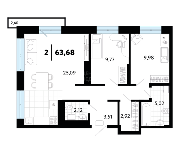 2-к квартира в новостройке, 63 кв.м., ул Малышева,  31, корпус 1