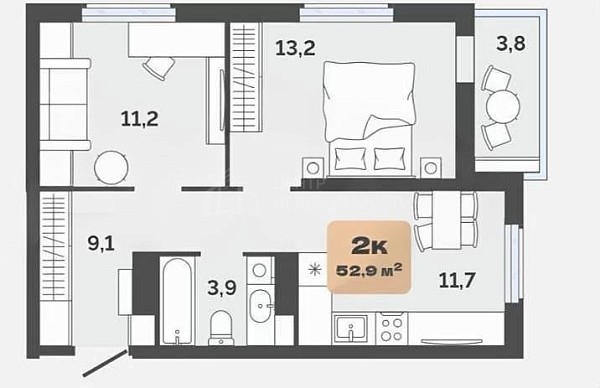 2-к квартира, 52 кв.м., улица Республики, 204к19