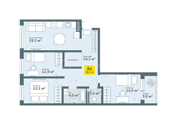 3-к квартира в новостройке, 85 кв.м., tyumen