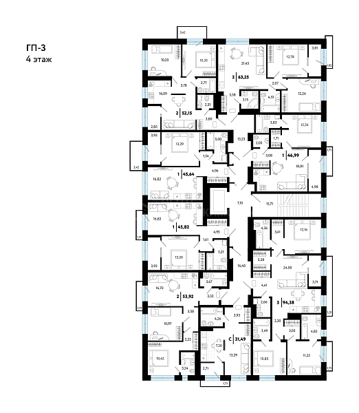 2-к квартира в новостройке, 52 кв.м.