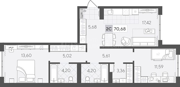 2-к квартира в новостройке, 70 кв.м., Сергея Свиридова, 11