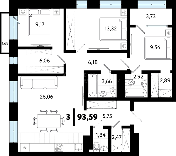 3-к квартира в новостройке, 93 кв.м., ул Бирюзова, 8