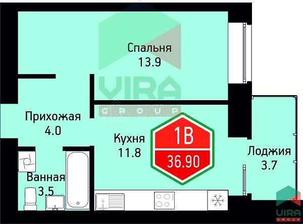 1-к квартира в новостройке, 36 кв.м., жилой комплекс На Ватутина