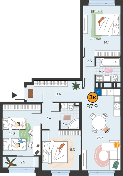 3-к квартира в новостройке, 87 кв.м., Тюмень