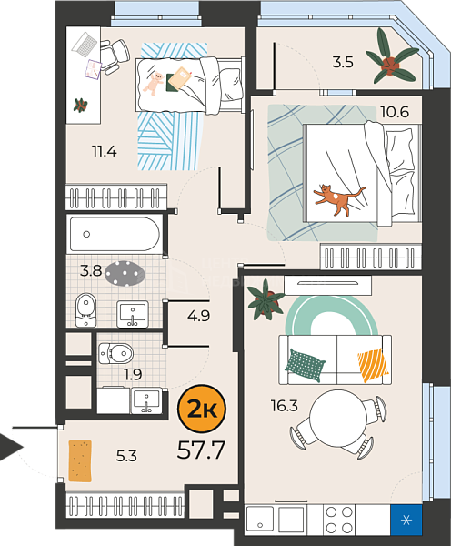 2-к квартира в новостройке, 57 кв.м., Тюмень