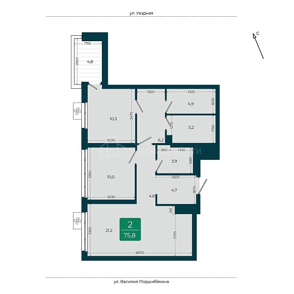 2-к квартира в новостройке, 75 кв.м.