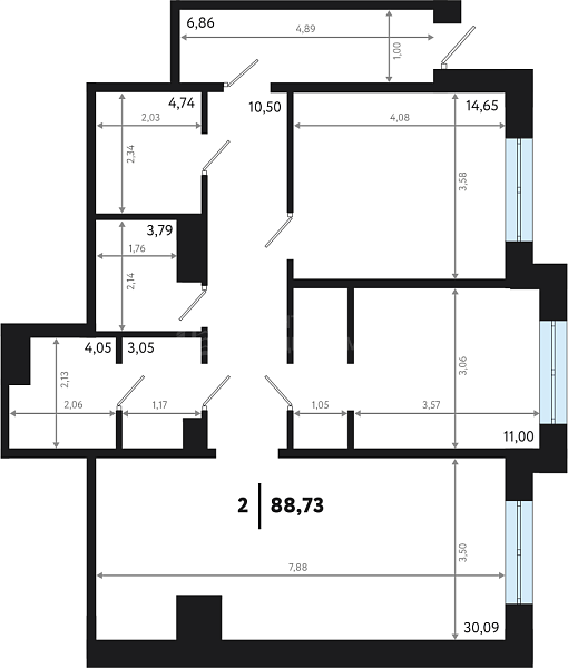 2-к квартира в новостройке, 88 кв.м.