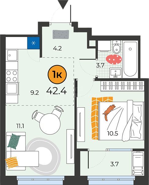 1-к квартира в новостройке, 41 кв.м., Тюмень