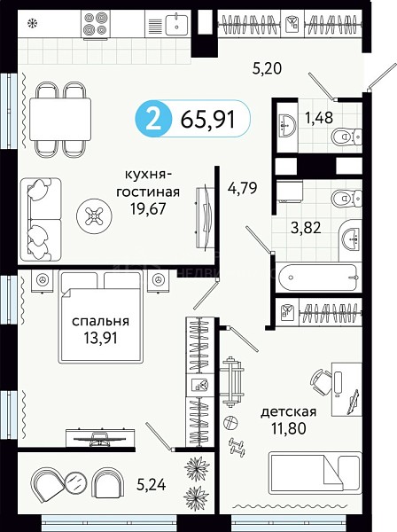 2-к квартира в новостройке, 65 кв.м., ул С. Джанбровского,  17, корпус 2