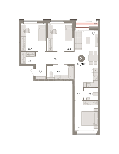 3-к квартира в новостройке, 85 кв.м., Калининский, ул. Тимирязева, д. 8 к1