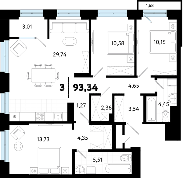 3-к квартира в новостройке, 93 кв.м., ул Бирюзова, 8