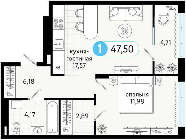 1-к квартира в новостройке, 47 кв.м., ул С. Джанбровского, 23