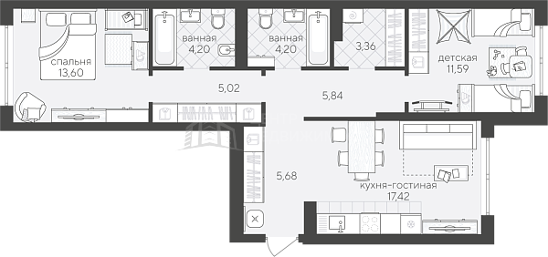 2-к квартира в новостройке, 70 кв.м., Сергея Свиридова, 15