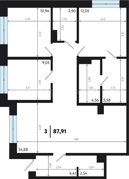 3-к квартира в новостройке, 87 кв.м.