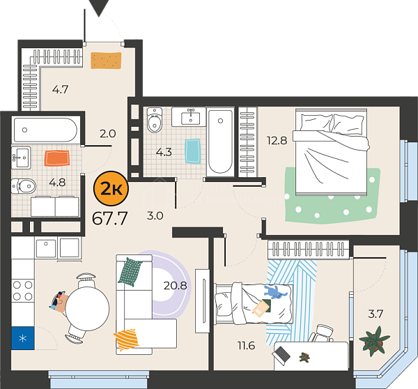 2-к квартира в новостройке, 67 кв.м., Тюмень