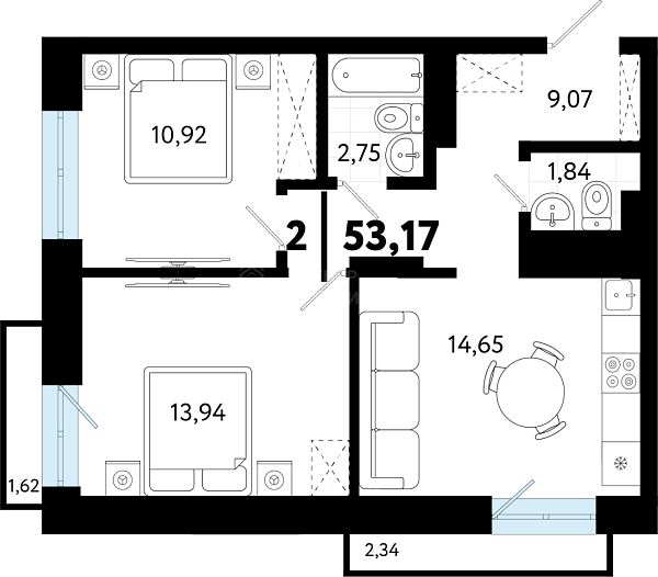 2-к квартира в новостройке, 53 кв.м., ул Бирюзова, 8