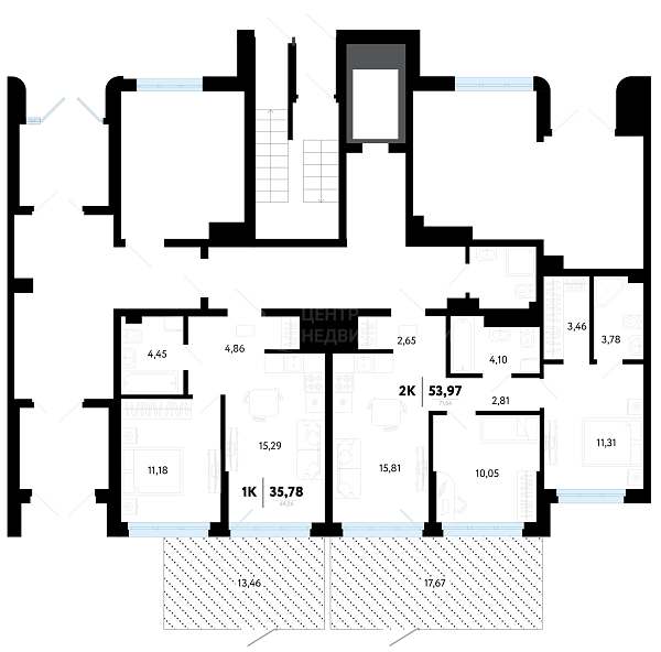 2-к квартира в новостройке, 53 кв.м.