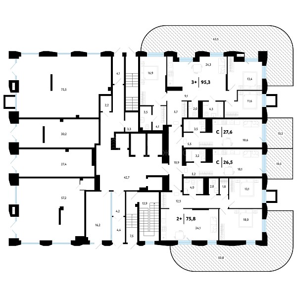 3-к квартира в новостройке, 95 кв.м.