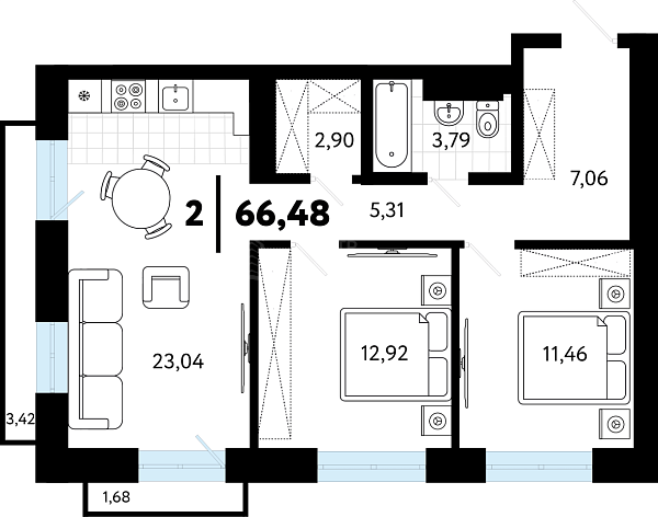 2-к квартира в новостройке, 66 кв.м., ул Бирюзова, 8