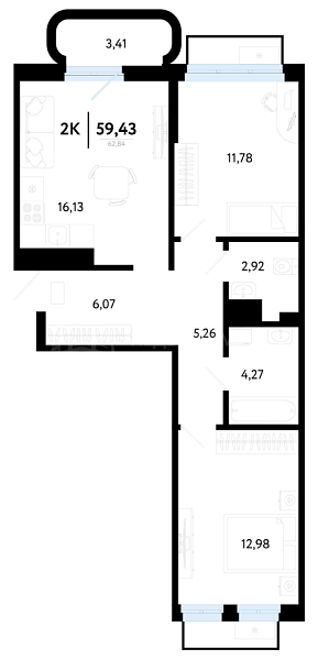 2-к квартира в новостройке, 59 кв.м., Калининский, ул Василия Малкова, 32