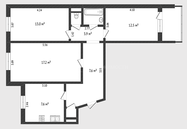 3-к квартира, 65 кв.м., улица Клары Цеткин, 29к2