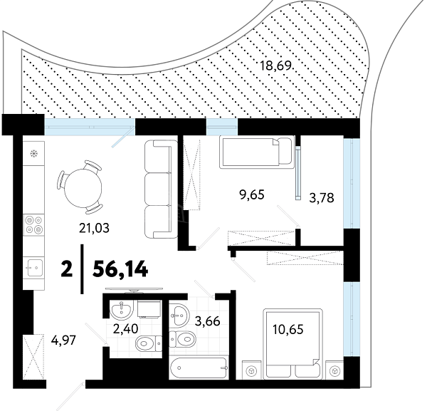 2-к квартира в новостройке, 56 кв.м., ул Бирюзова, 8