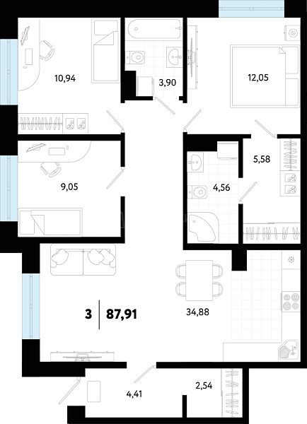 3-к квартира в новостройке, 87 кв.м., ул Ставропольская, 12