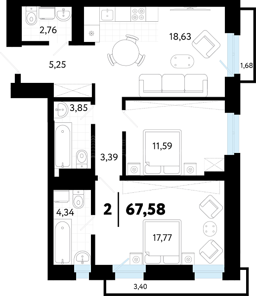 2-к квартира в новостройке, 67 кв.м., ул Бирюзова, 8