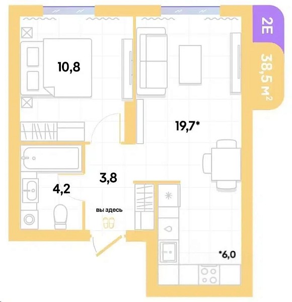 1-к квартира, 38 кв.м.