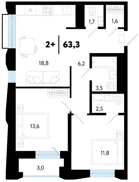 2-к квартира в новостройке, 63 кв.м., Ленинский, ул Судостроителей, 50