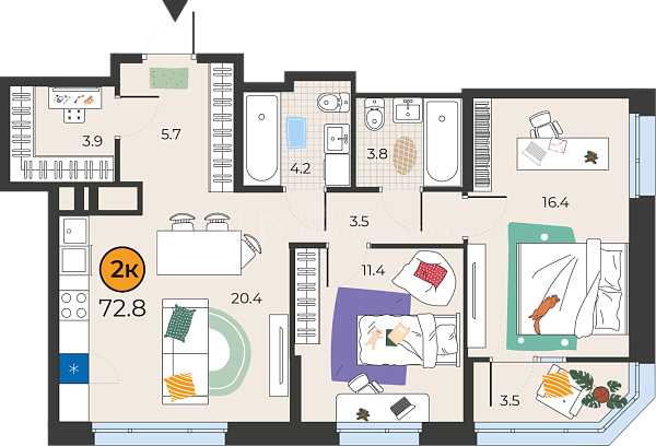 2-к квартира в новостройке, 72 кв.м., Тюмень