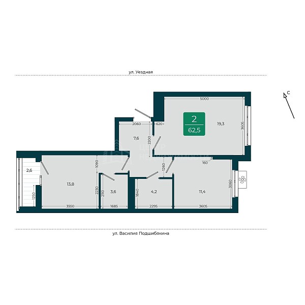 2-к квартира в новостройке, 62 кв.м.