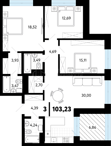 3-к квартира в новостройке, 103 кв.м., ул Малышева, 8