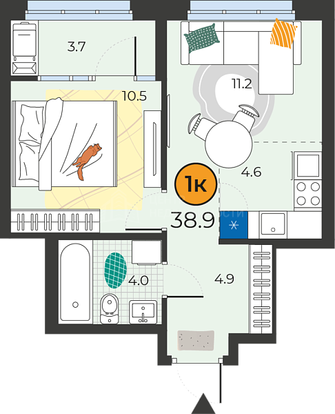 1-к квартира в новостройке, 38 кв.м., Тюмень