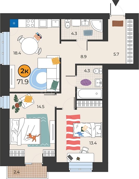 2-к квартира в новостройке, 72 кв.м., Тюмень
