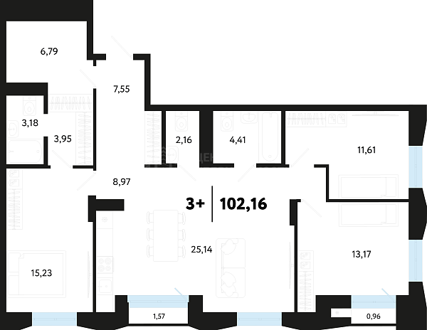 3-к квартира в новостройке, 103 кв.м.