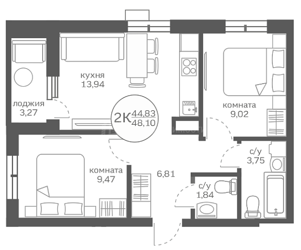 2-к квартира в новостройке, 44 кв.м., улица Петра Ершова, 10