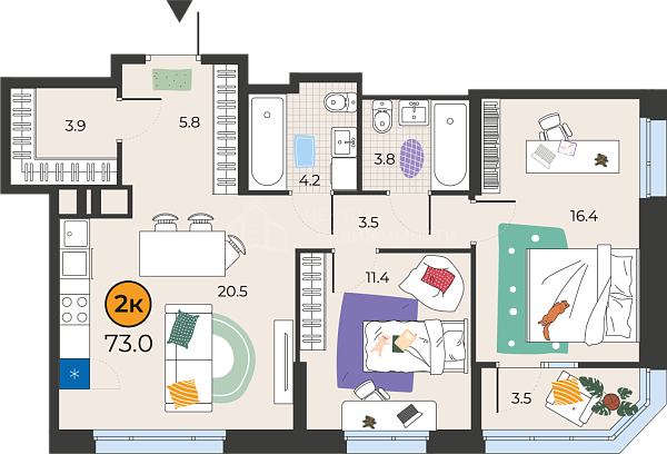 2-к квартира в новостройке, 73 кв.м., Тюмень