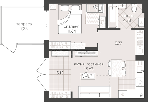 1-к квартира в новостройке, 42 кв.м., улица Алексея Сергиенко, 13