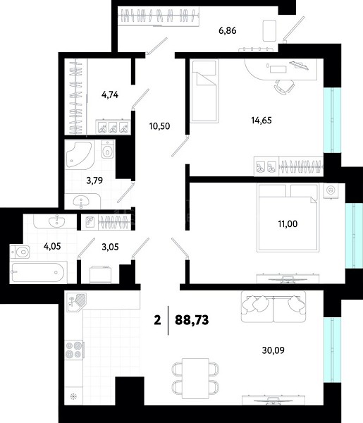 2-к квартира в новостройке, 88 кв.м., ул Ставропольская, 12