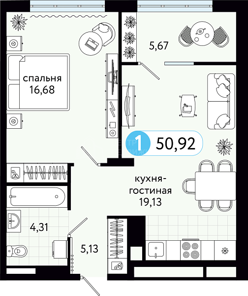 1-к квартира в новостройке, 50 кв.м., ул С. Джанбровского, 21