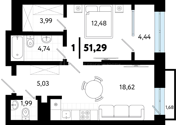 1-к квартира в новостройке, 51 кв.м., ул Бирюзова, 8