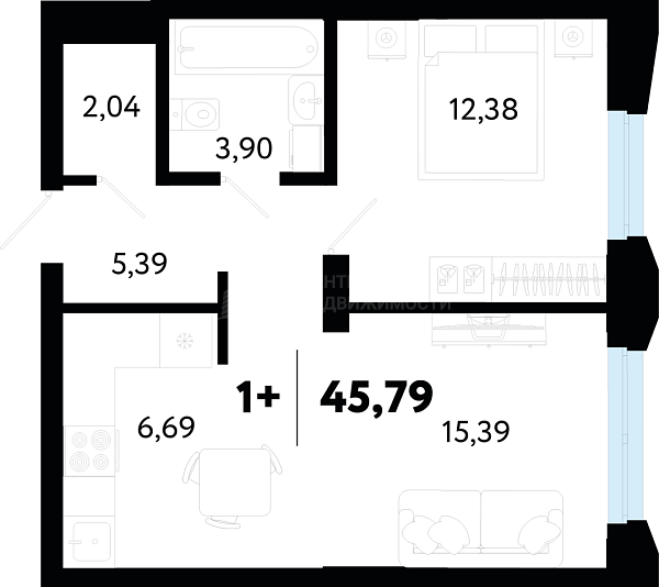 2-к квартира в новостройке, 45 кв.м., ул Судостроителей, 48