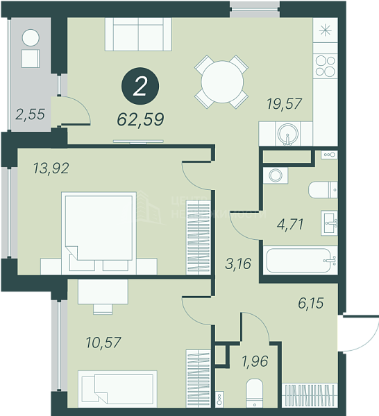 2-к квартира в новостройке, 62 кв.м., Разведчика Кузнецова, 9