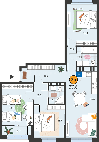 3-к квартира в новостройке, 87 кв.м., Тюмень