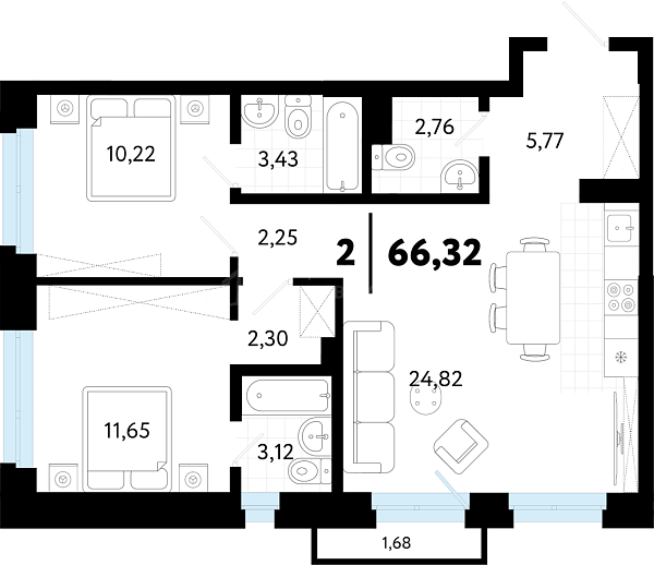 2-к квартира в новостройке, 66 кв.м., ул Бирюзова, 8