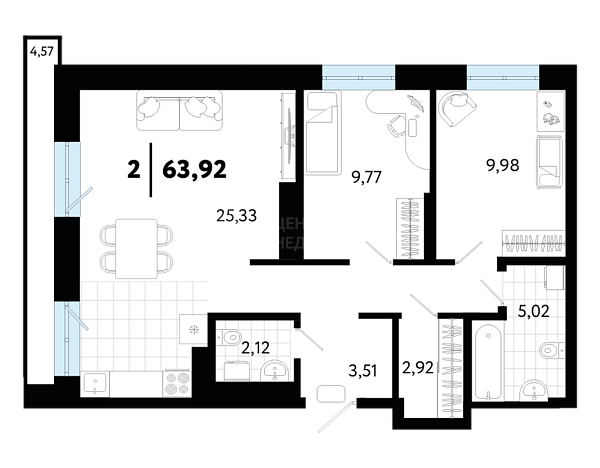 2-к квартира в новостройке, 63 кв.м., ул Малышева,  31, корпус 1